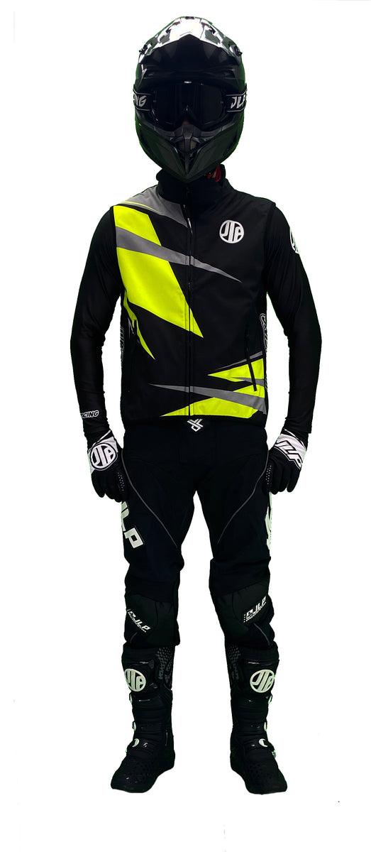 VESTE ENFANT SOFTSHELL SANS MANCHES BODYWARMER NOIR JAUNE FLUO MOTO CR